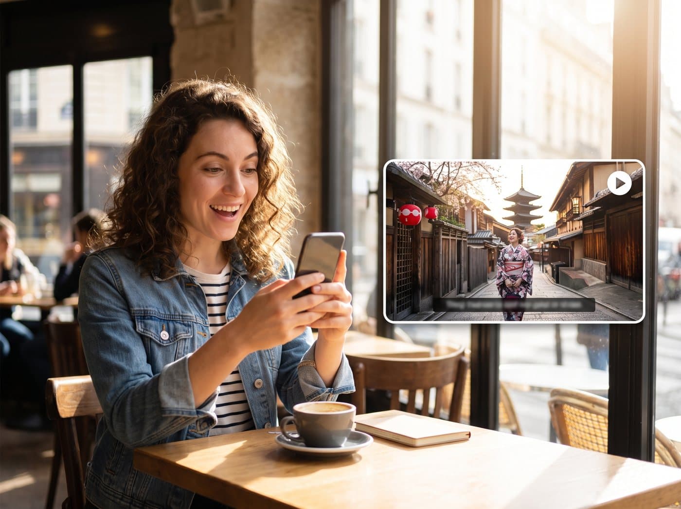 海外の旅行者がスマートフォンで自分が登場する日本の観光動画を見ている様子